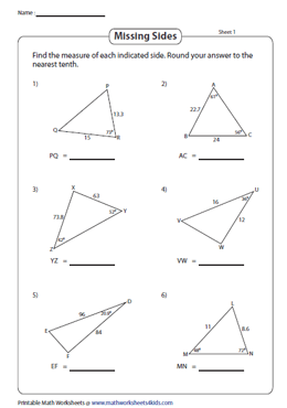 law of cosines worksheet answers