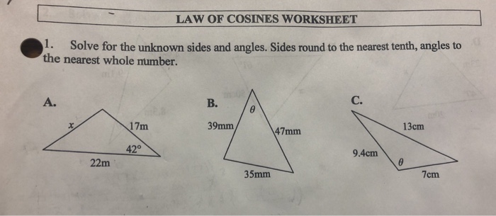 law of cosines worksheet answers