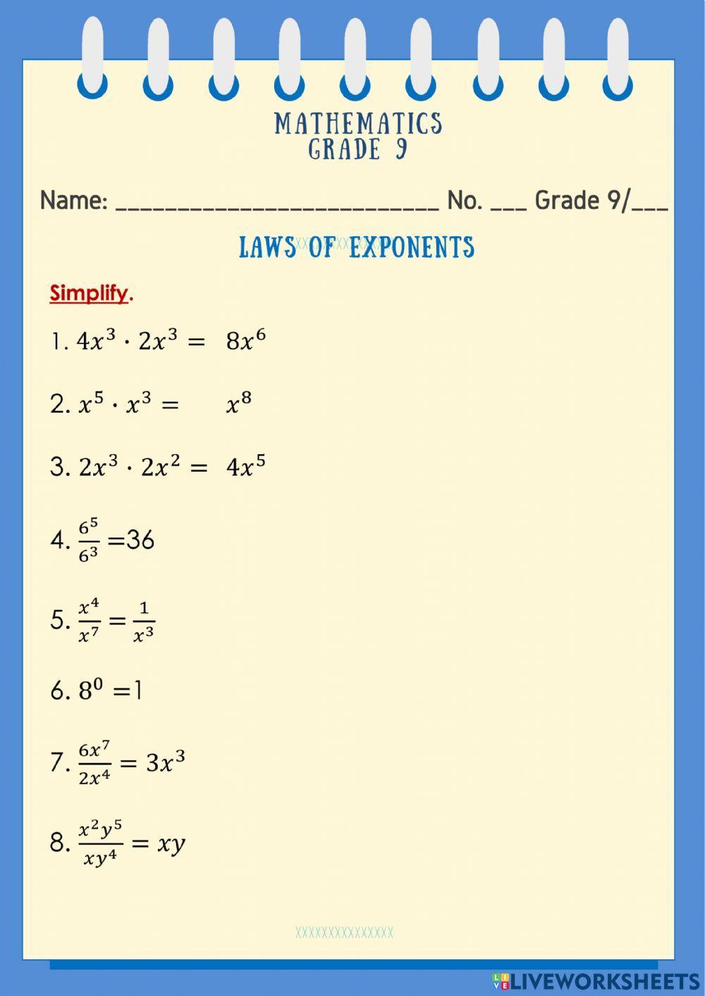 Laws of Exponents online worksheet for Grade 9  