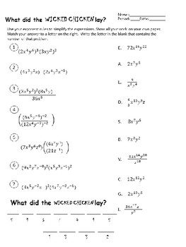 Algebra I Law of Exponent Worksheet ** Exponent Rules Riddle Sheet**
