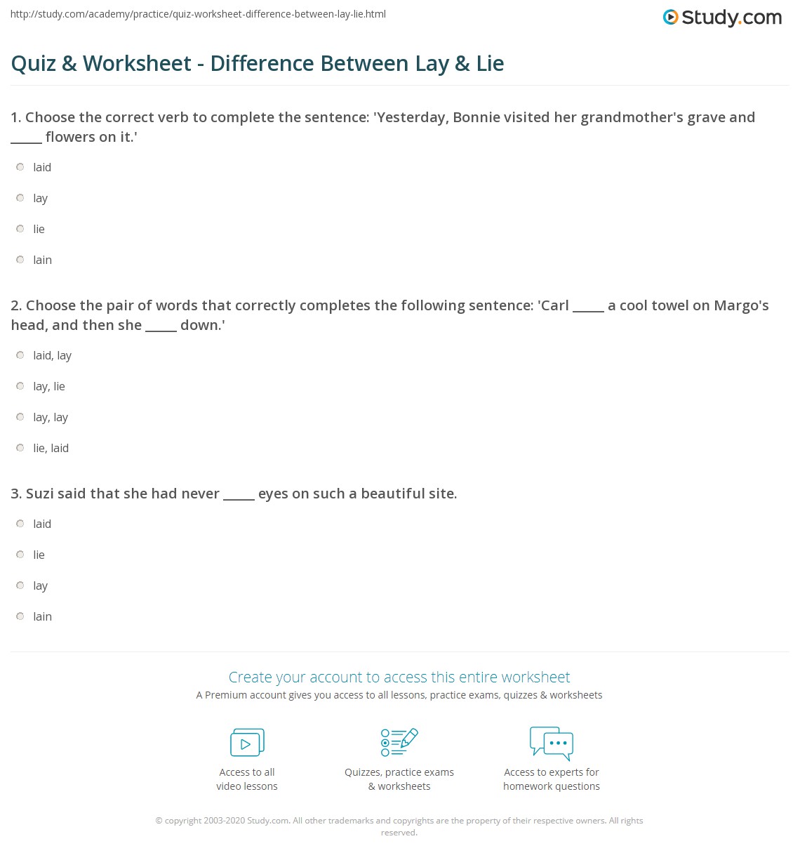 Quiz &  Worksheet - Difference Between Lay &  Lie | Study.com