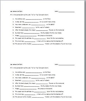 Lay versus Lie verb quiz by Thoughts take Wing | TPT