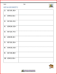 Least Common Multiple Worksheets page
