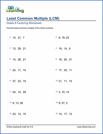 Grade 6 Math Worksheet - Least common multiple (LCM) of 3 numbers ...