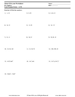 Worksheet: LCM - Least Common Multiple | Pre-Algebra Printable