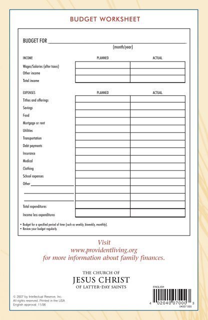 BUDGET WORKSHEET Visit www.providentliving.org for ... - LDS.org