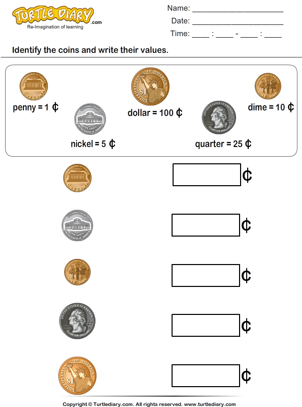 Identify Coins and Write their Values | Turtle Diary Worksheet