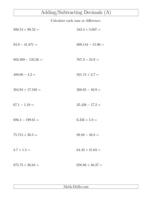 Adding and Subtracting Decimals With Up to Three Places Before and ...