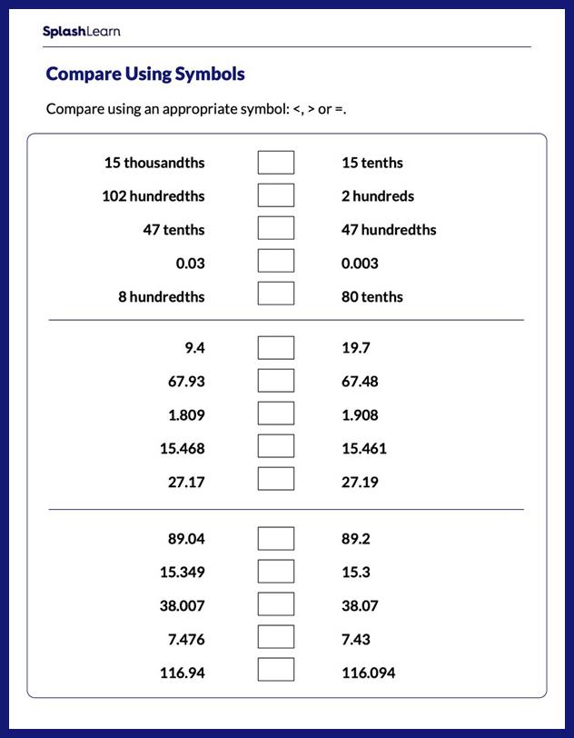 Comparing Decimals - Math Worksheets - SplashLearn