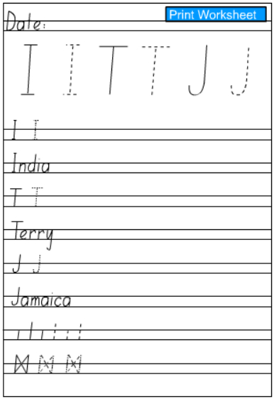 Letters I, T and J -Handwriting Practice Sheet - Studyladder ...
