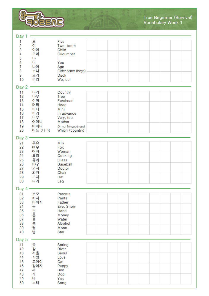Beginner Vocabulary and Quiz Sheets - Key to Korean