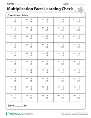 Multiplication Facts Learning Check | Worksheet | Education.com ...