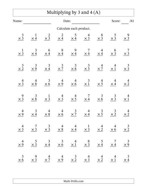Multiplying (1 to 9) by 3 and 4 (81 Questions) (A)