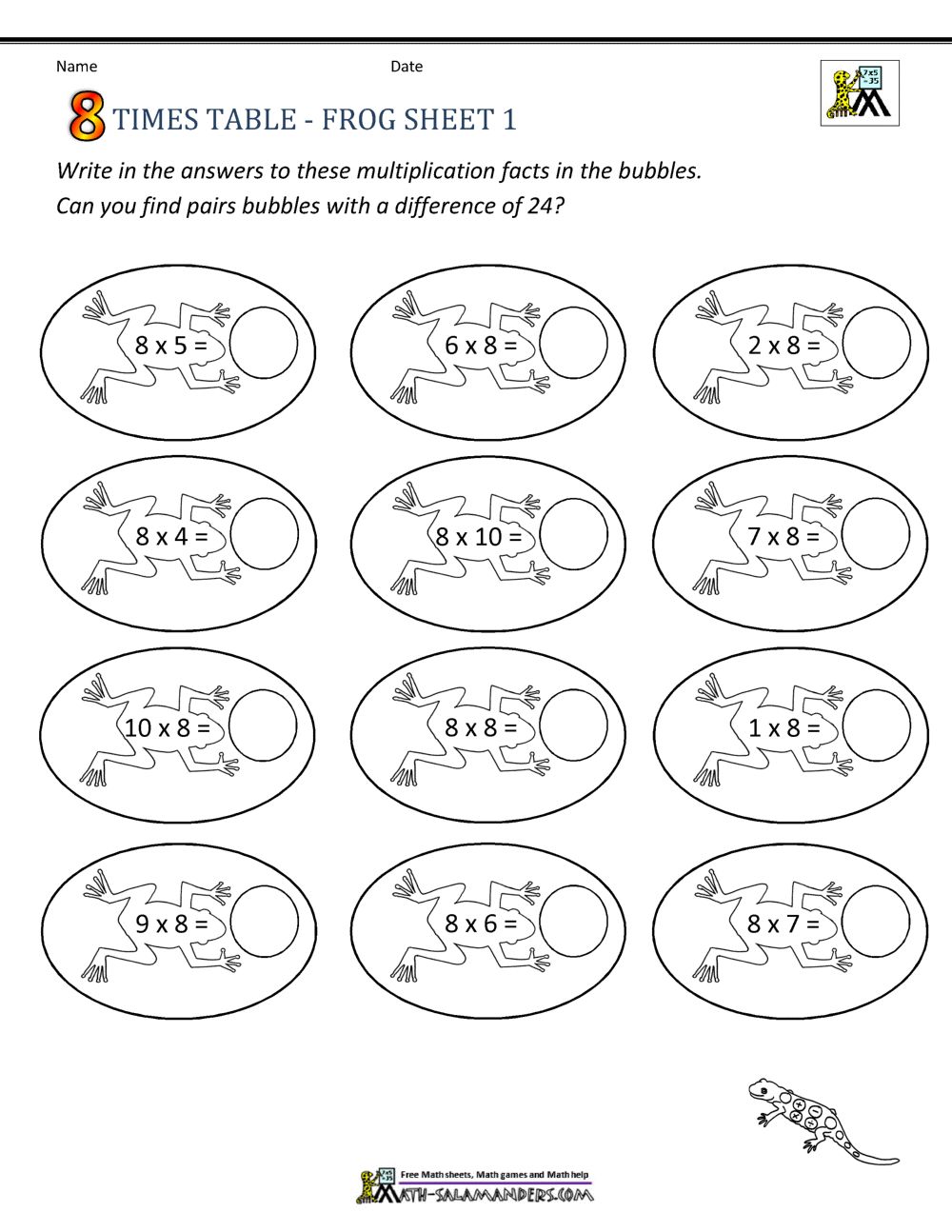 Learning Times Table Worksheets - 8 Times Table