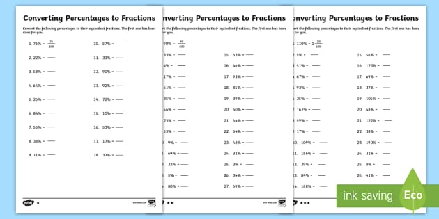 Converting Percentages to Fractions Differentiated Worksheet ...