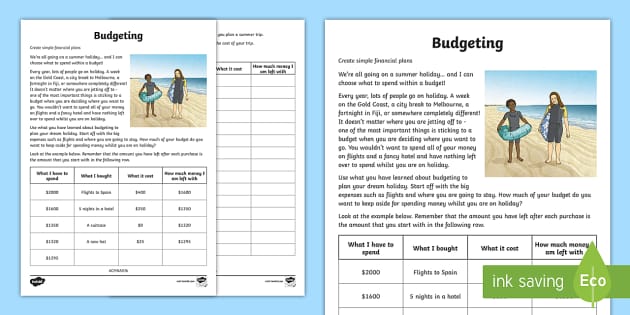 learning to budget money worksheet
