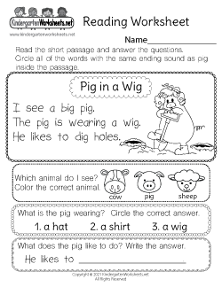 learning to read kindergarten worksheet