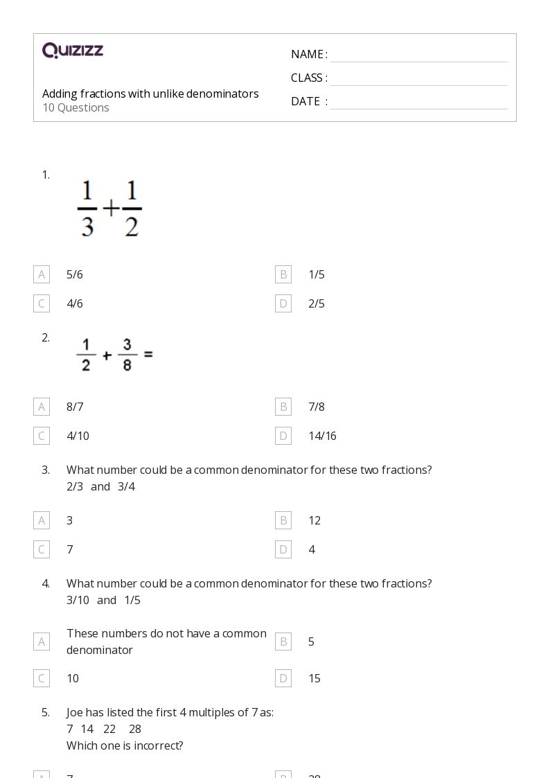 50+ Adding Fractions with Unlike Denominators worksheets on ...