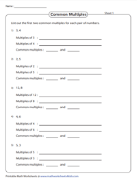 Least Common Multiple (LCM) Worksheets