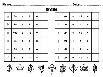 100 Leaves Math Worksheets, Third Grade Division with answers up ...