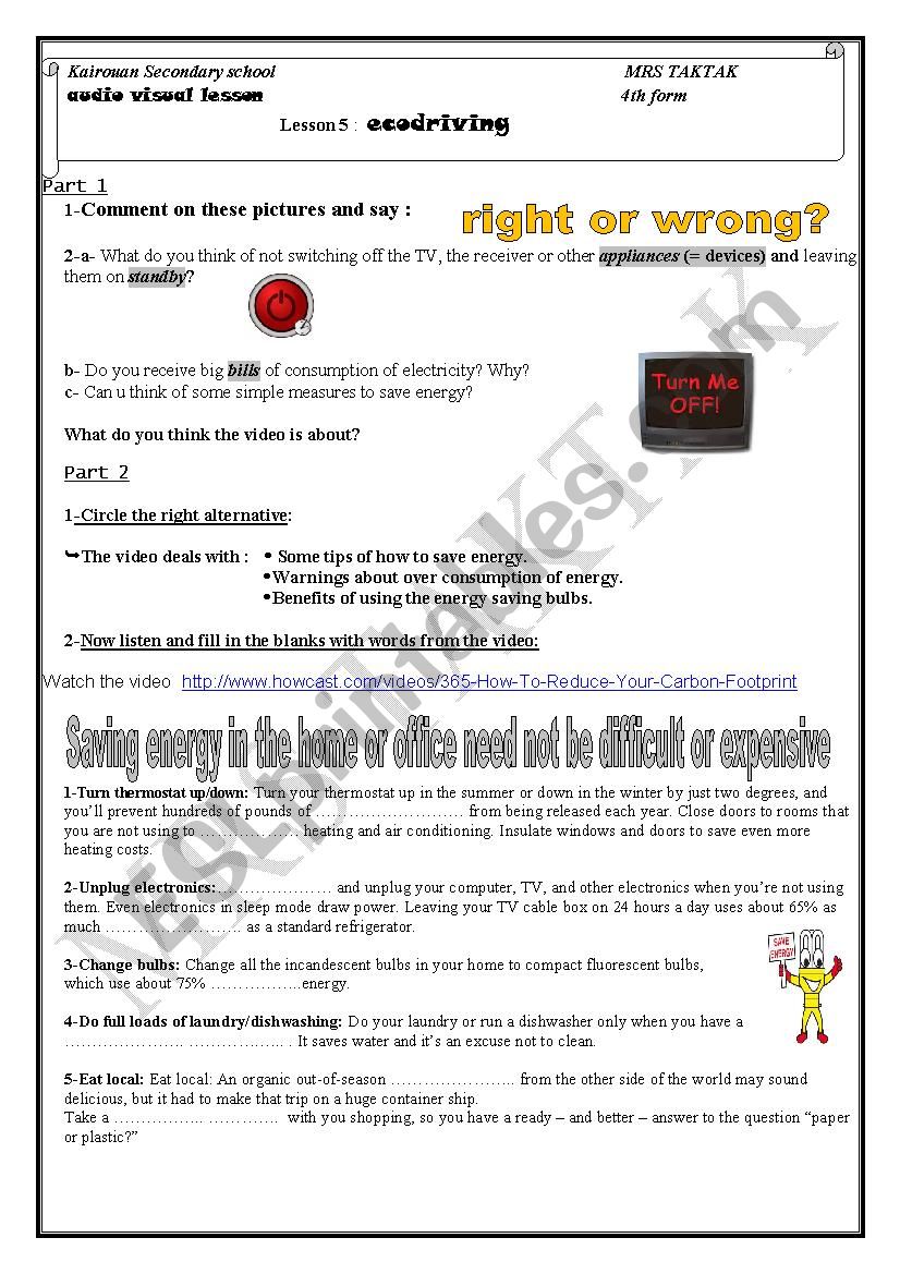 lesson 5 ecodriving how to save energy - ESL worksheet by mamouchka