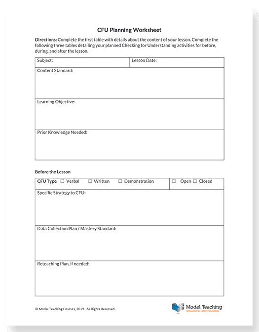 CFU Planning Worksheet - Model Teaching