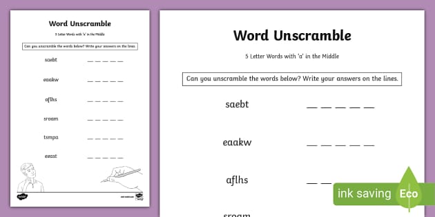 Unscramble the 5 Letter Words with a in the Middle Worksheet