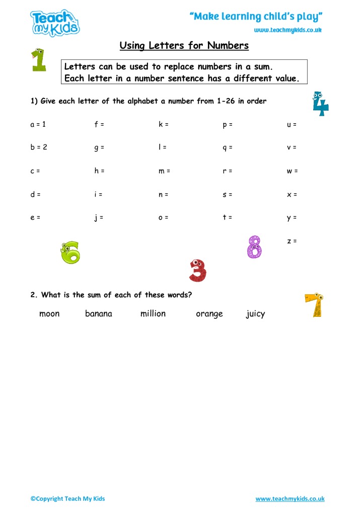 Using Letters for Numbers - Worksheets Library