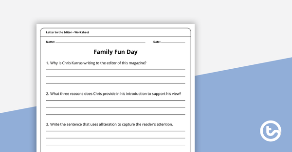 Letter to the Editor (Family Fun Day) - Worksheet | Teach Starter