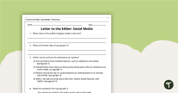 Letter to the Editor: Social Media - Comprehension Worksheet ...