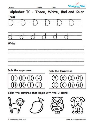 Alphabet Letter D Trace Write Find Color - Free printable PDF