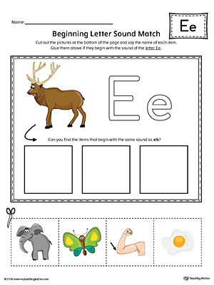 Short Letter E Beginning Sound Picture Match Worksheet (Color ...