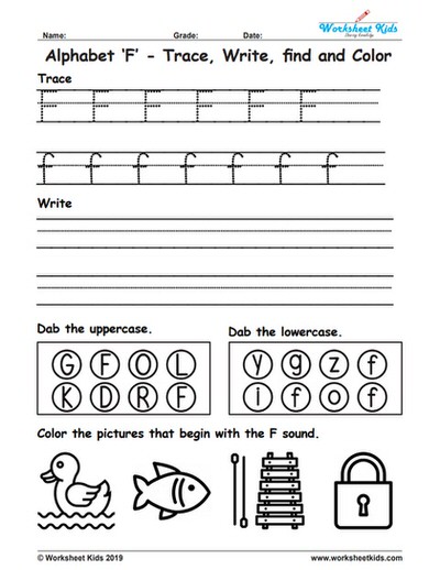Alphabet Letter F Trace Write Find Color - Free printable PDF