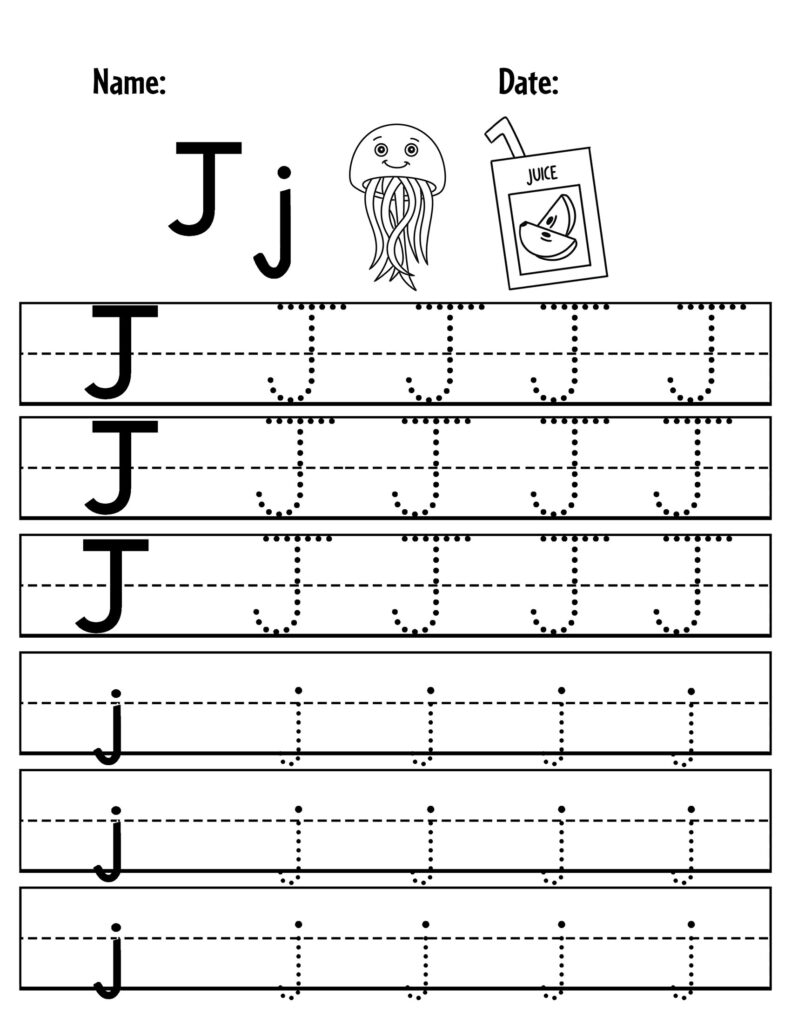 Tracing Letter J Alphabet Worksheet for Kindergarten and Preschool