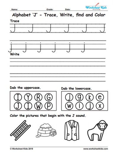 Alphabet Letter J Trace Write Find Color - Free printable PDF