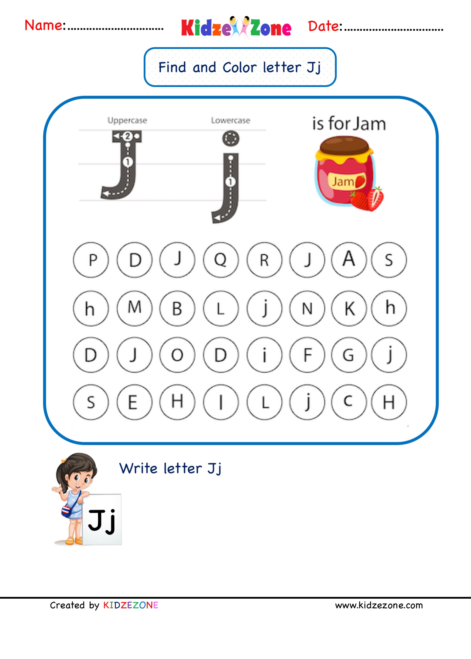 Kindergarten Letter J worksheets - Find and Color - KidzeZone