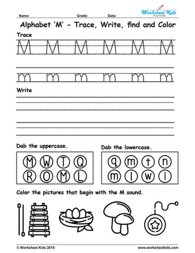 Alphabet Letter M Trace Write Find Color - Free printable PDF