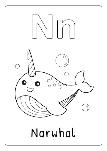 Premium Vector | Alphabet letter N for Narwhal coloring page for kids