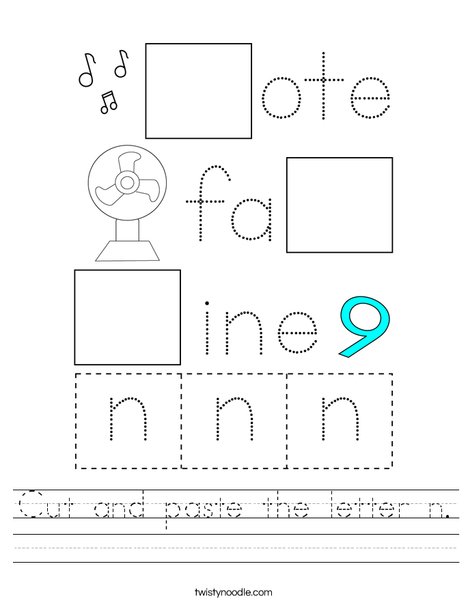 Cut and paste the letter n Worksheet - Twisty Noodle