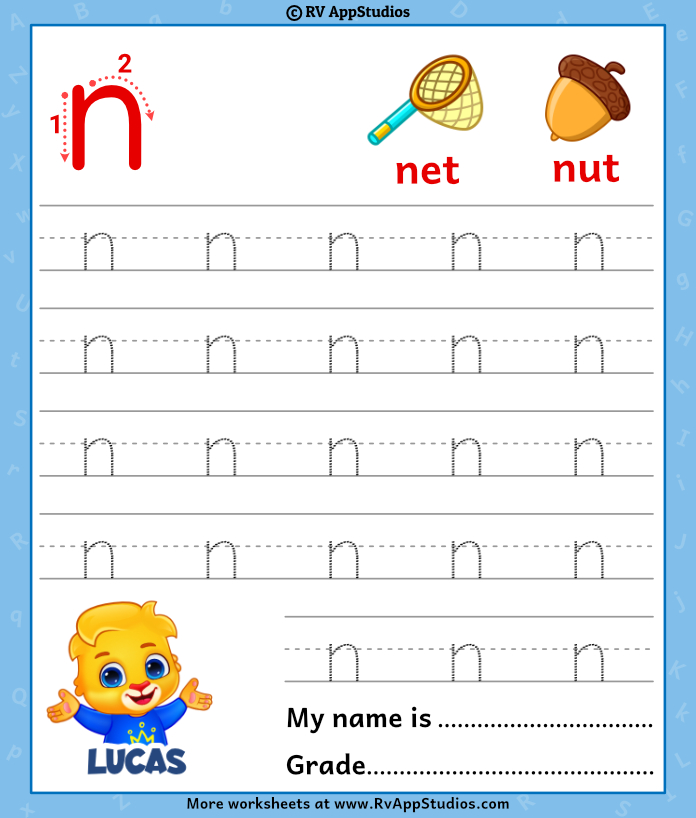 Lowercase Letter n Tracing Worksheets | Trace Small Letter n Worksheet