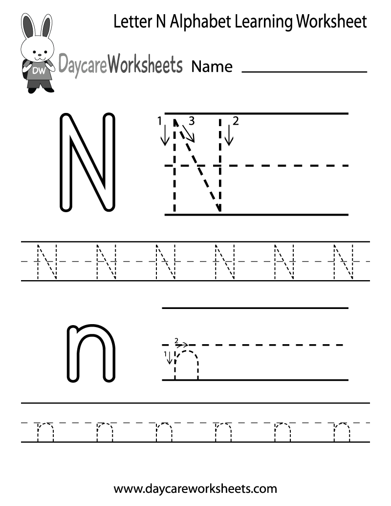Tracing letter n alphabet worksheet for kindergarten and preschool ...
