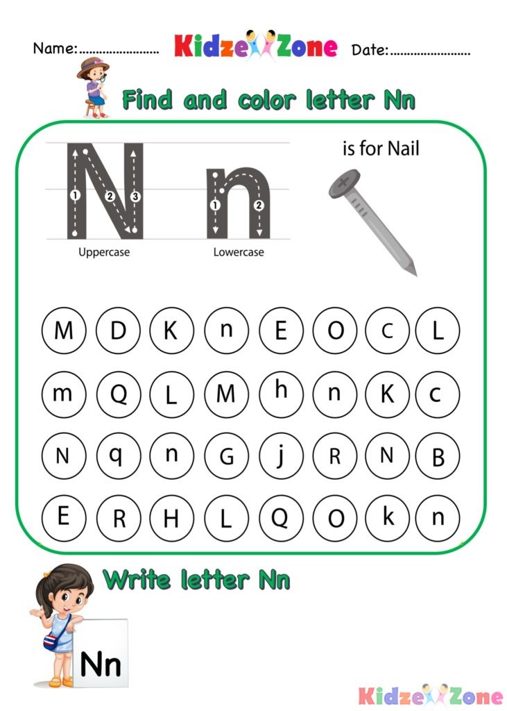 Find letter n. Letter n worksheet. letter n phonics. letter n worksheets for kids.