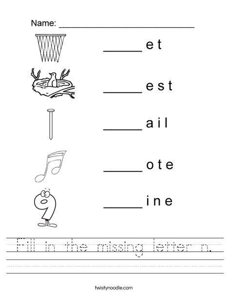 Fill in the missing letter n Worksheet - Twisty Noodle