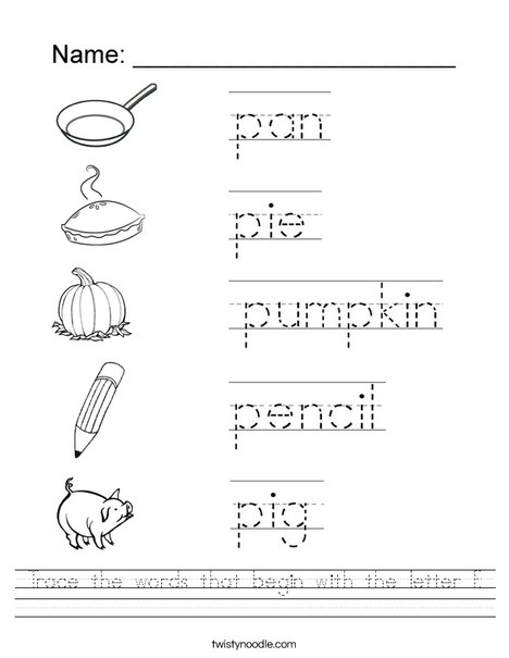 Trace the words that begin with the letter P Worksheet - Twisty Noodle