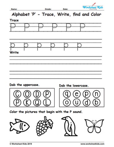 Alphabet Letter P Trace Write Find Color - Free printable PDF