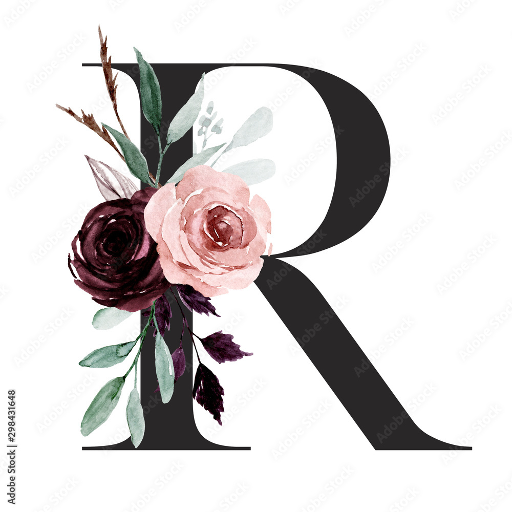 Alphabet, letter R with watercolor flowers and leaf. Floral ...