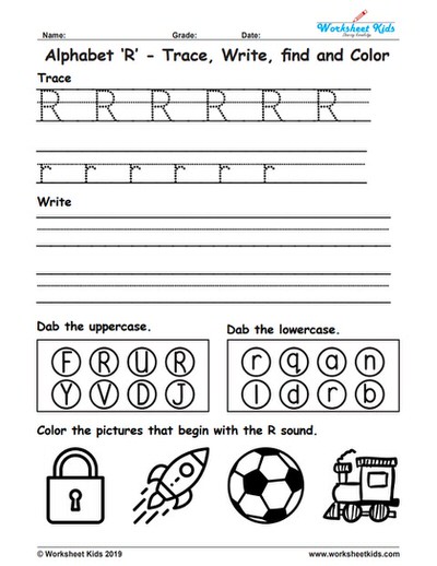Alphabet Letter R Trace Write Find Color - Free printable PDF