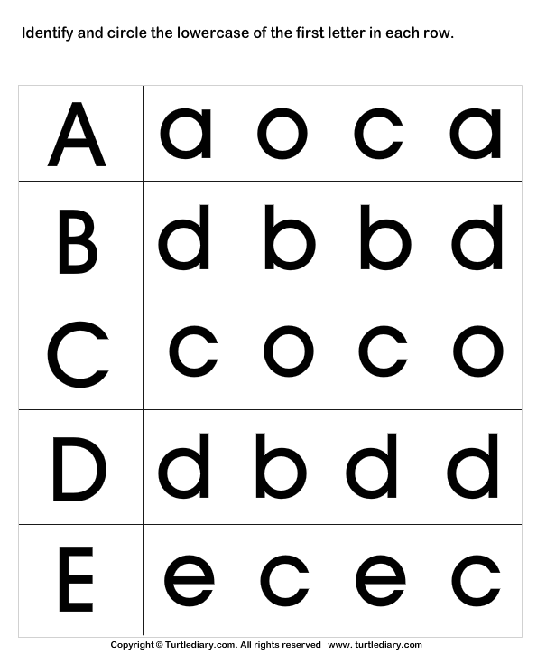 Lowercase Letter Recognition A B C D E | Turtle Diary Worksheet