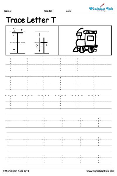 Letter T alphabet tracing worksheets - Free printable PDF