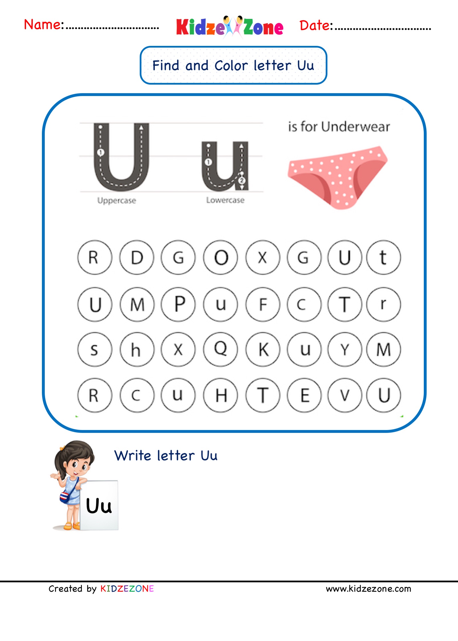Kindergarten Letter U worksheets - Find and Color - KidzeZone